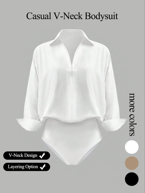 Women's casual loose V-neck long-sleeved shirt jumpsuit