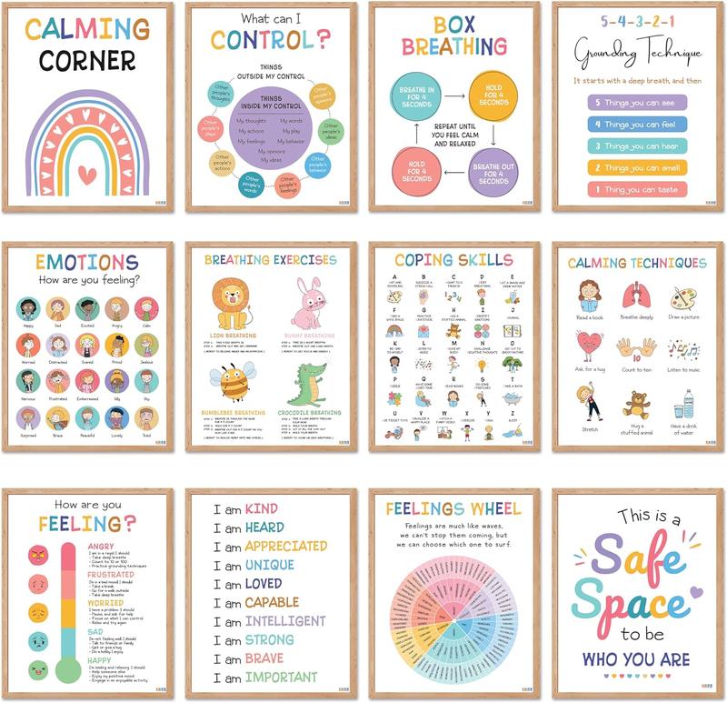 12 Pcs Calming Posters – ESL, Emotions Chart & Feelings Wheel for Kids