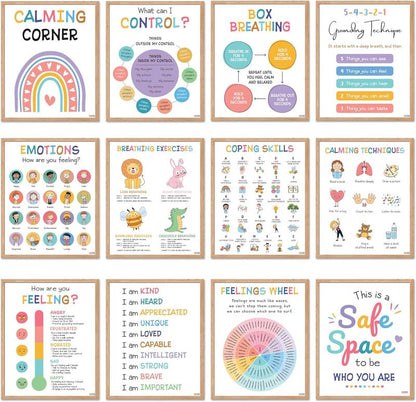 12 Pcs Calming Posters – ESL, Emotions Chart & Feelings Wheel for Kids