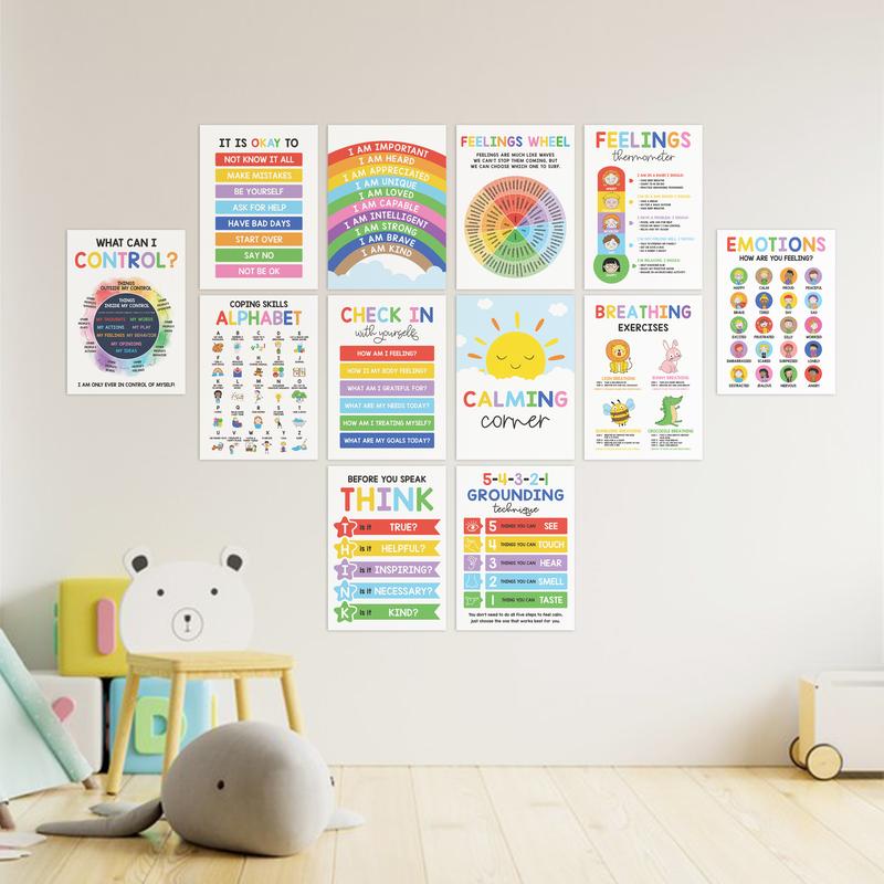 12 Pcs Calming Posters – ESL, Emotions Chart & Feelings Wheel for Kids