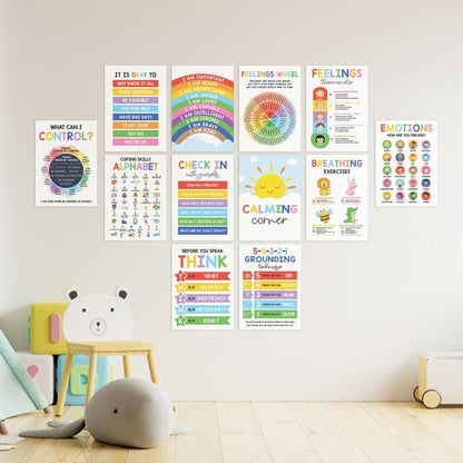 12 Pcs Calming Posters – ESL, Emotions Chart & Feelings Wheel for Kids