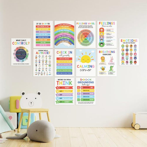 12 Pcs Calming Posters – ESL, Emotions Chart & Feelings Wheel for Kids