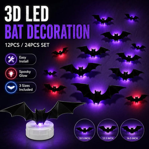 3D Bat Light LED Decorations, 12pcs/24pcs Halloween Spooky Ornaments