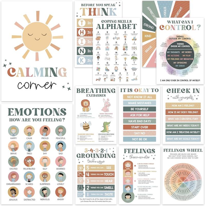 12 Pcs Calming Posters – ESL, Emotions Chart & Feelings Wheel for Kids