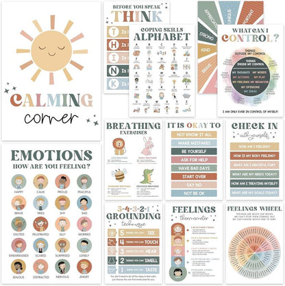 12 Pcs Calming Posters – ESL, Emotions Chart & Feelings Wheel for Kids