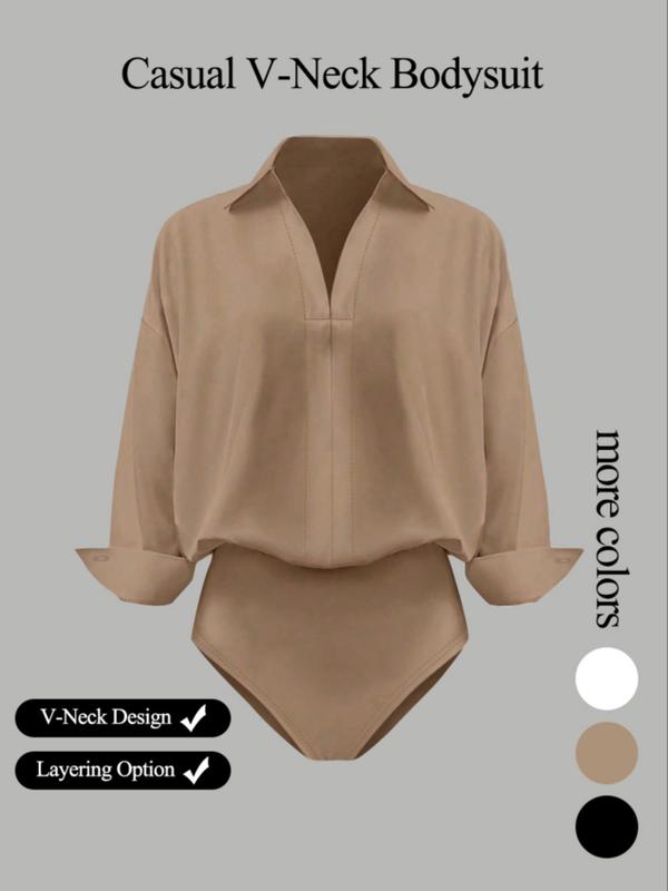 Women's casual loose V-neck long-sleeved shirt jumpsuit