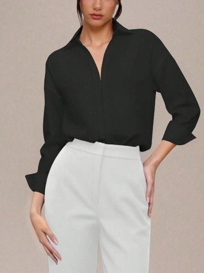 Women's casual loose V-neck long-sleeved shirt jumpsuit