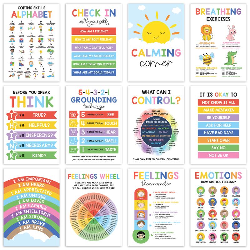 12 Pcs Calming Posters – ESL, Emotions Chart & Feelings Wheel for Kids