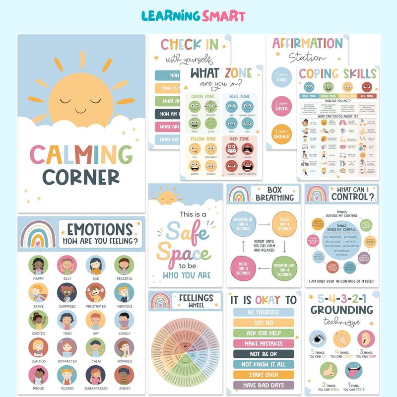 12 Pcs Calming Posters – ESL, Emotions Chart & Feelings Wheel for Kids