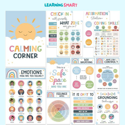 12 Pcs Calming Posters – ESL, Emotions Chart & Feelings Wheel for Kids