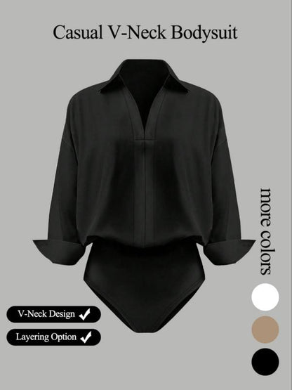 Women's casual loose V-neck long-sleeved shirt jumpsuit