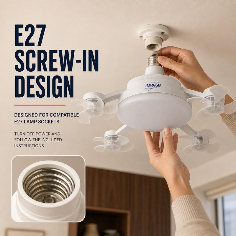 New Socket Fan Light, Screw-in Ceiling Fan with Light and Remote Control